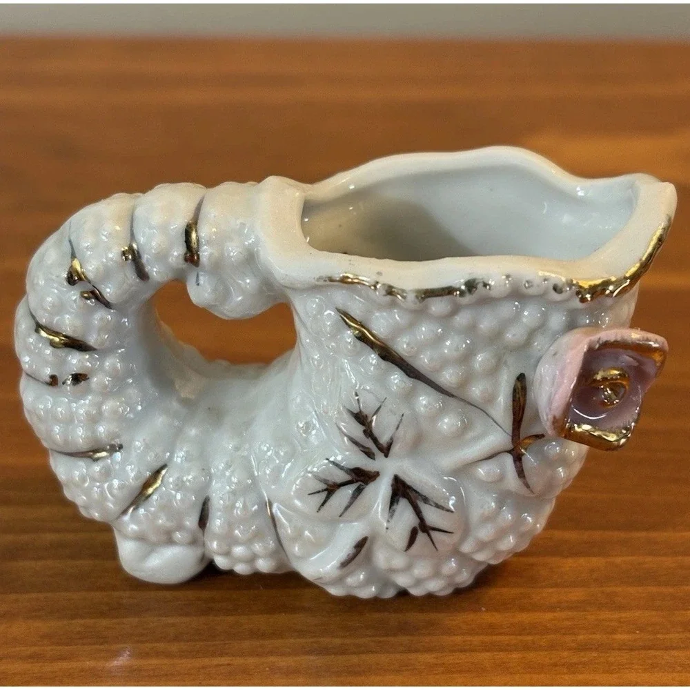 Vintage Mini Hobnail Japan Mini Planters Shoe Cornucopia Pink Roses Set of 2